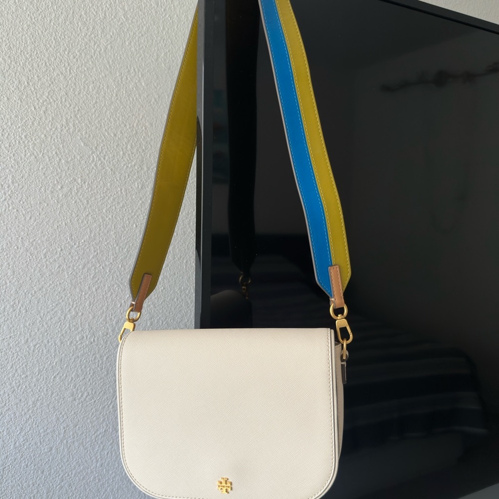 Tory Burch White Crossbody Bag with Blue and Yellow Strap